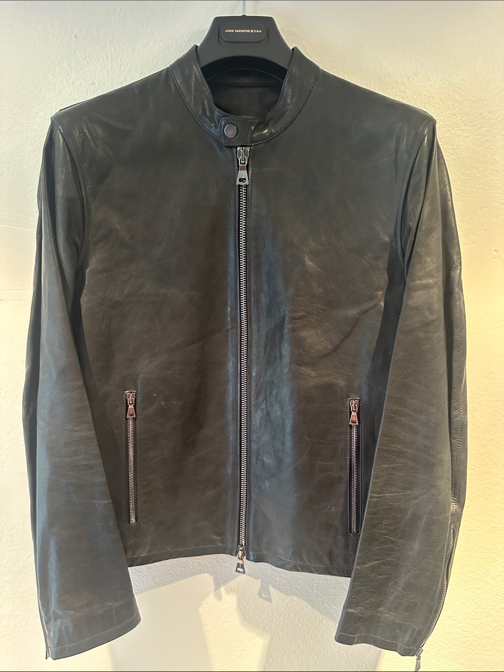 John Varvatos Black Sheep Skin Leather Zip-Front Bomber
